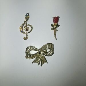 Vintage Lot Of 3 Pin Brooch Gold Tone Bow, Musical Note W/Stones & Rose Brooches